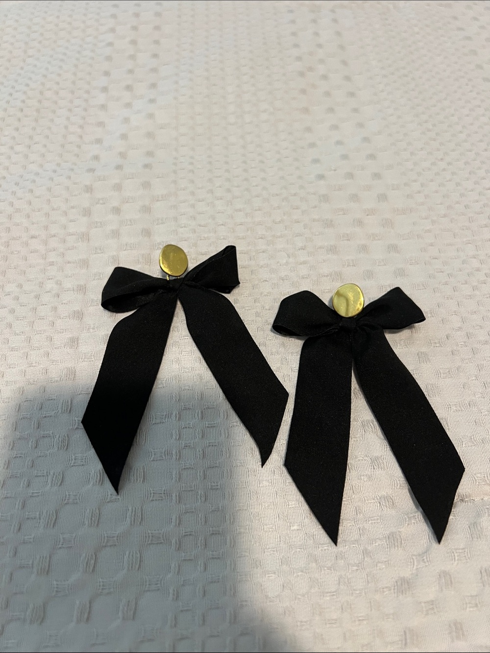 Black Ribbon Bow Drop Earrings with Gold Disc